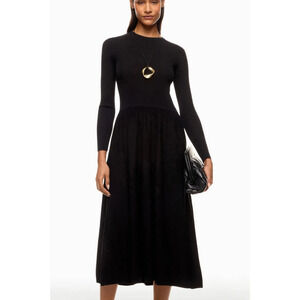 Thakoon Black Ribbed Knit Drop Waist Midi Dress LARGE Modest Designer Work $348